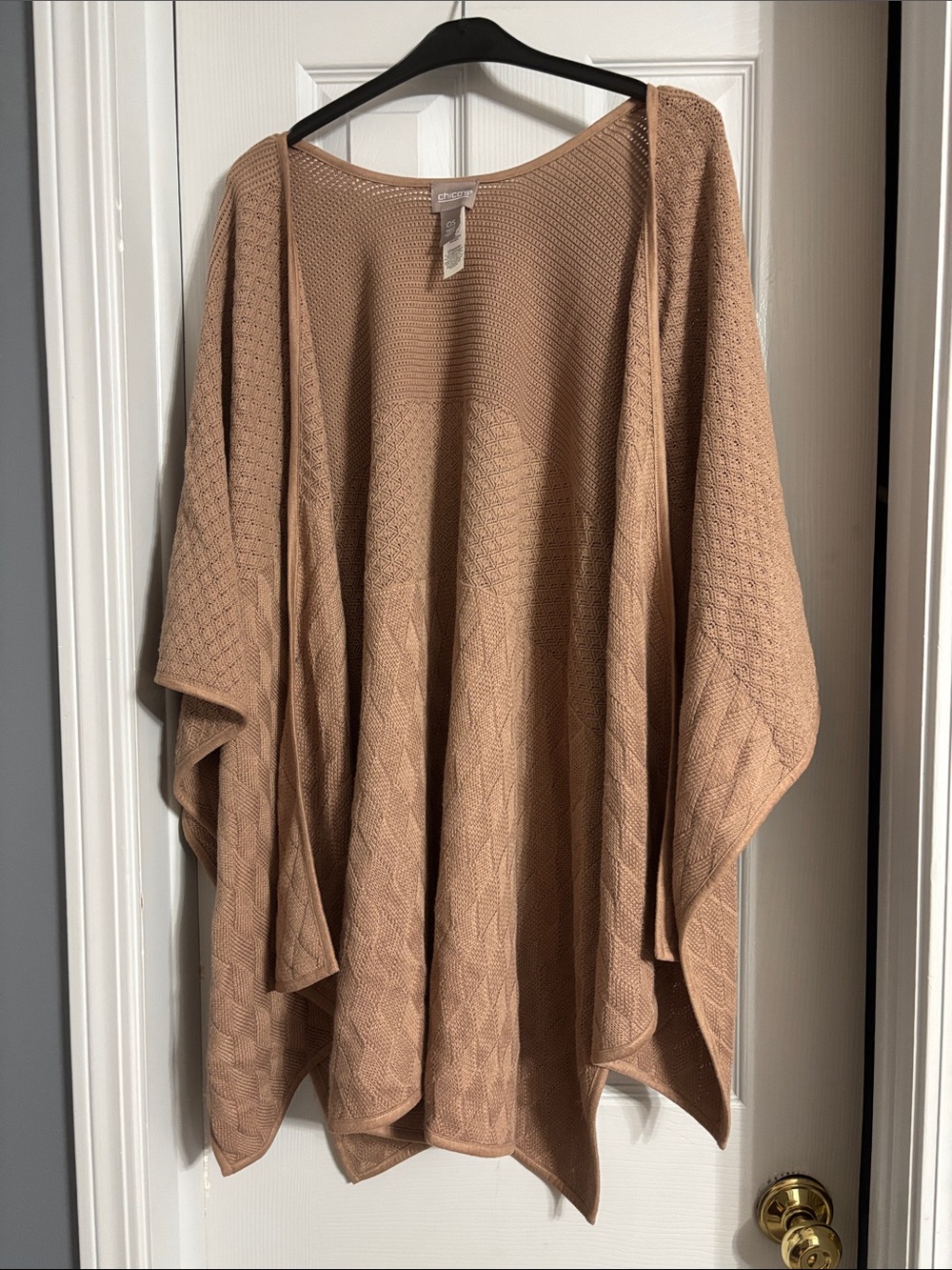 Chico’s One Size Pointelle Woven Knit Women’s Oversized Cotton Poncho in Tan